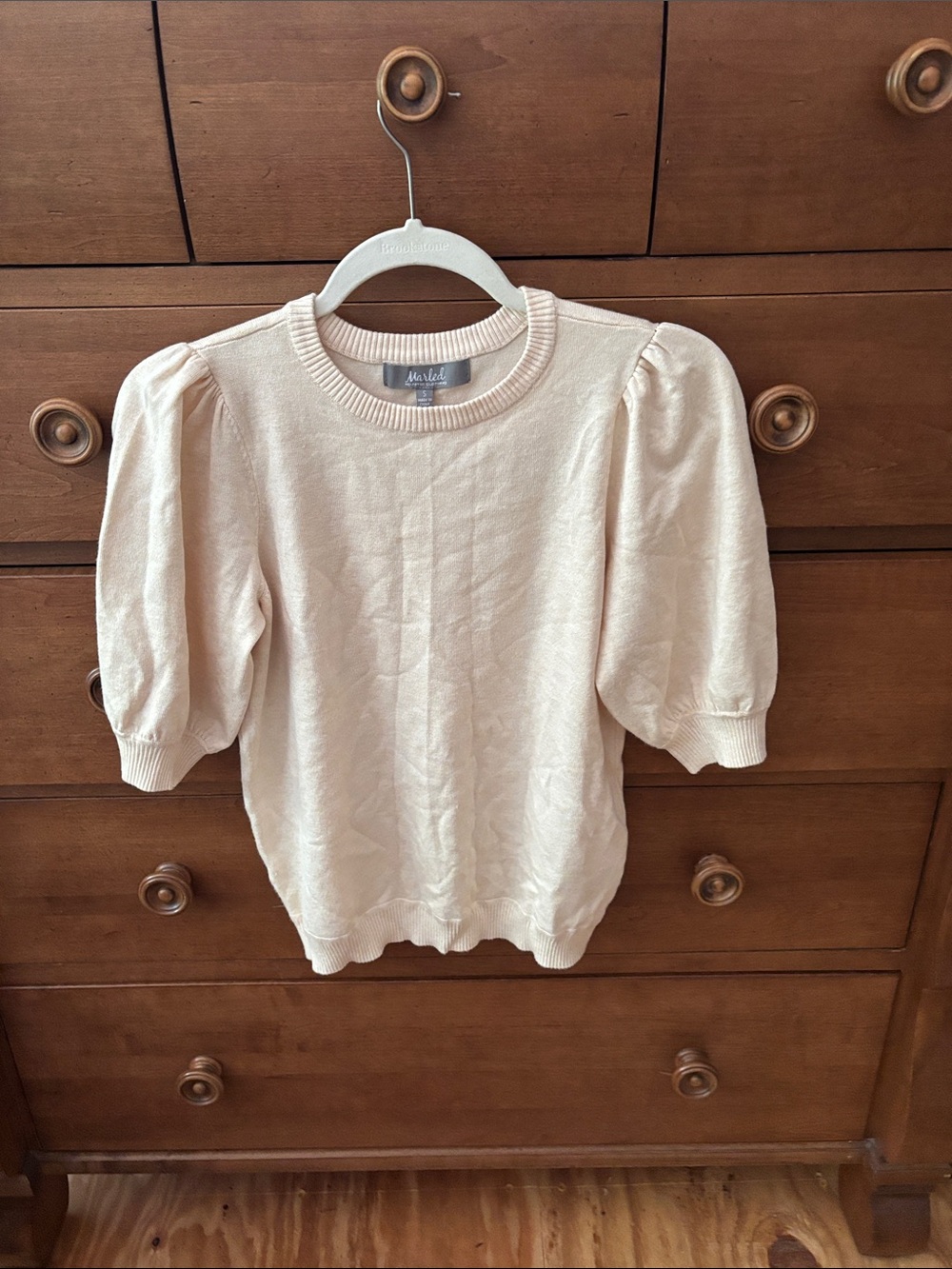 Marled Cream Puff-Sleeve Crewneck Sweater